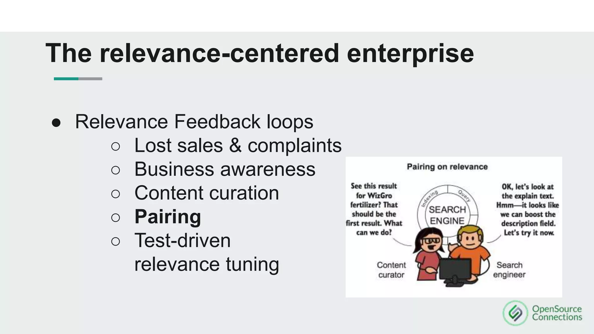 ● Relevance Feedback loops
○ Lost sales & complaints
○ Business awareness
○ Content curation
○ Pairing
○ Test-driven
relevance tuning
The relevance-centered enterprise
 