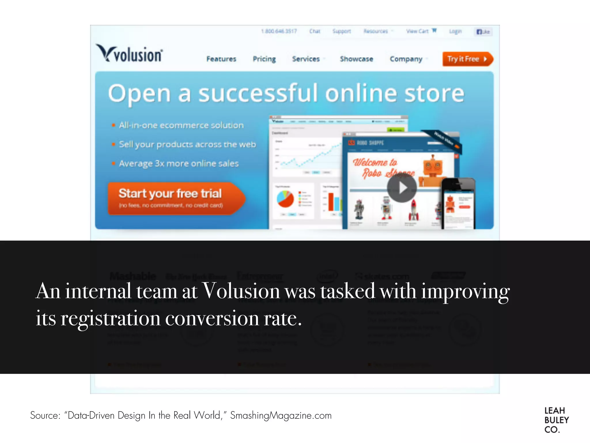 Source: “Data-Driven Design In the Real World,” SmashingMagazine.com
An internal team at Volusion was tasked with improving
its registration conversion rate.
 