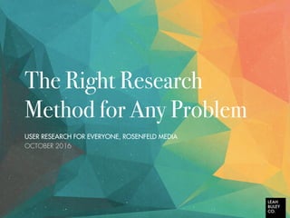 The Right Research
Method for Any Problem
USER RESEARCH FOR EVERYONE, ROSENFELD MEDIA
OCTOBER 2016
 