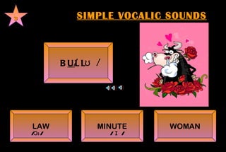 SIMPLE VOCALIC SOUNDS 3 B U LL    / ʊ /   LAW MINUTE WOMAN /ɔ:/      / ɪ /    