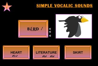 SIMPLE VOCALIC SOUNDS 5 B IR D    / ɜ: /      HEART LITERATURE SKIRT /ɑ:/      /ə/  /ə/  