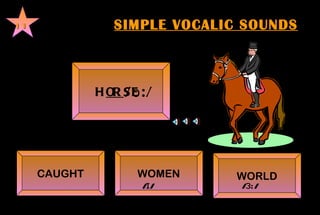 SIMPLE VOCALIC SOUNDS 11 H OR SE    /ɔ:/      CAUGHT WOMEN WORLD /ɪ/     /ɜ:/      