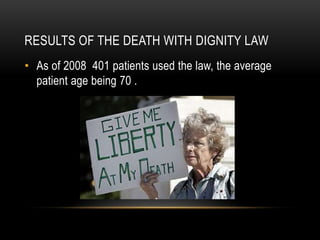 Results of the death with dignity law As of 2008  401 patients used the law, the average patient age being 70 .
