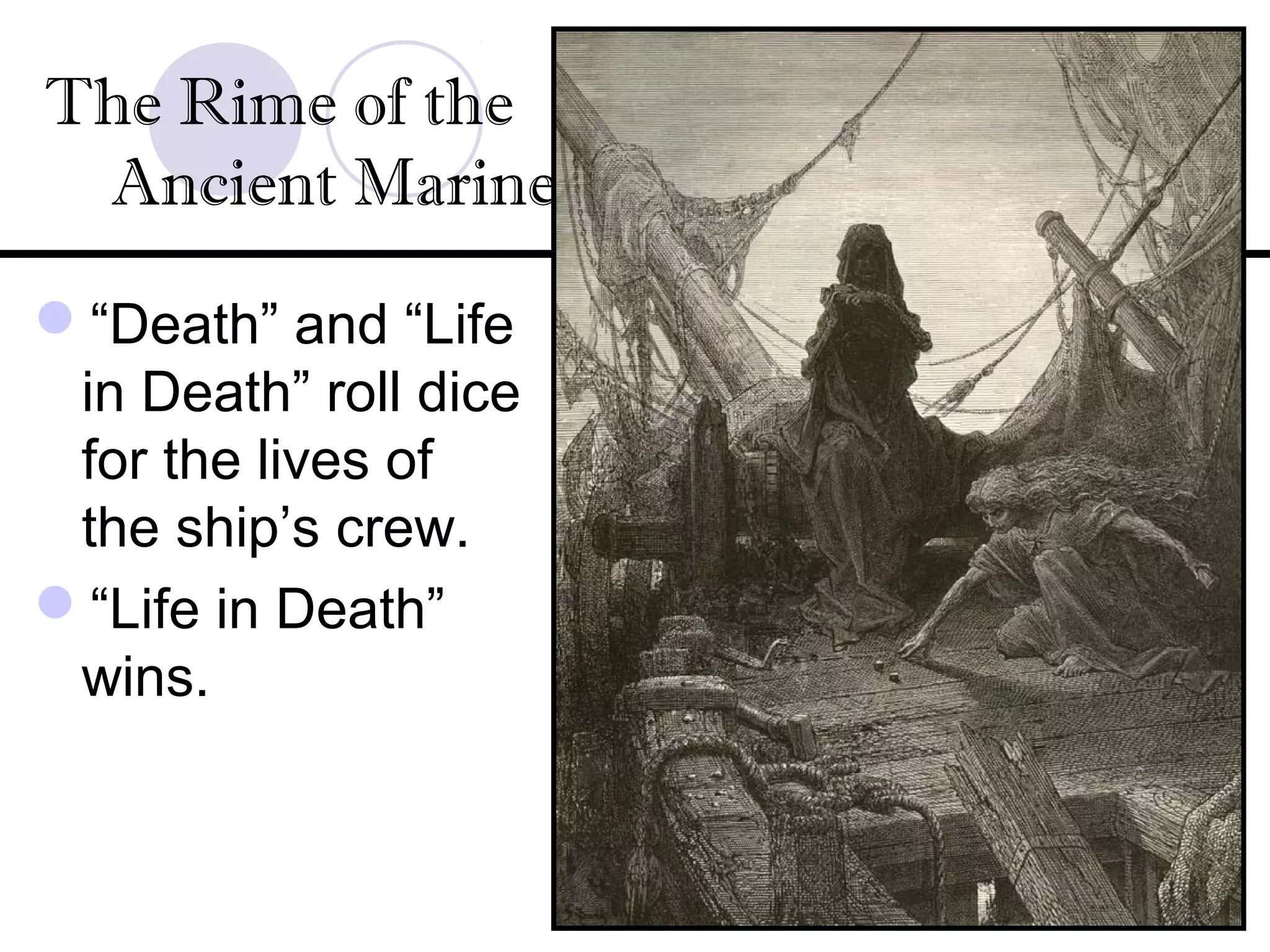 “Death” and “Life
in Death” roll dice
for the lives of
the ship’s crew.
“Life in Death”
wins.
The Rime of the
Ancient Mariner
 