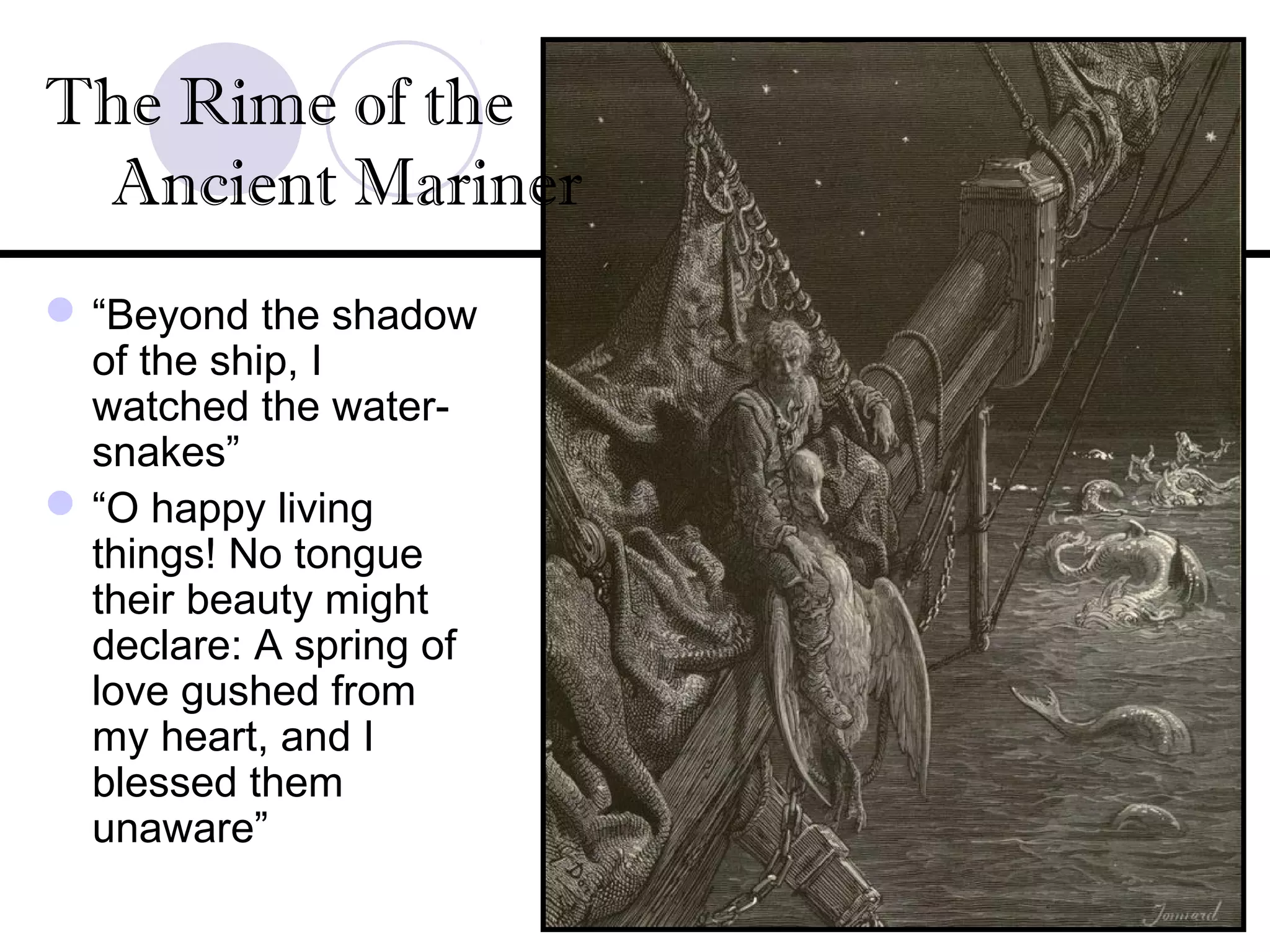 “Beyond the shadow
of the ship, I
watched the water-
snakes”
“O happy living
things! No tongue
their beauty might
declare: A spring of
love gushed from
my heart, and I
blessed them
unaware”
The Rime of the
Ancient Mariner
 