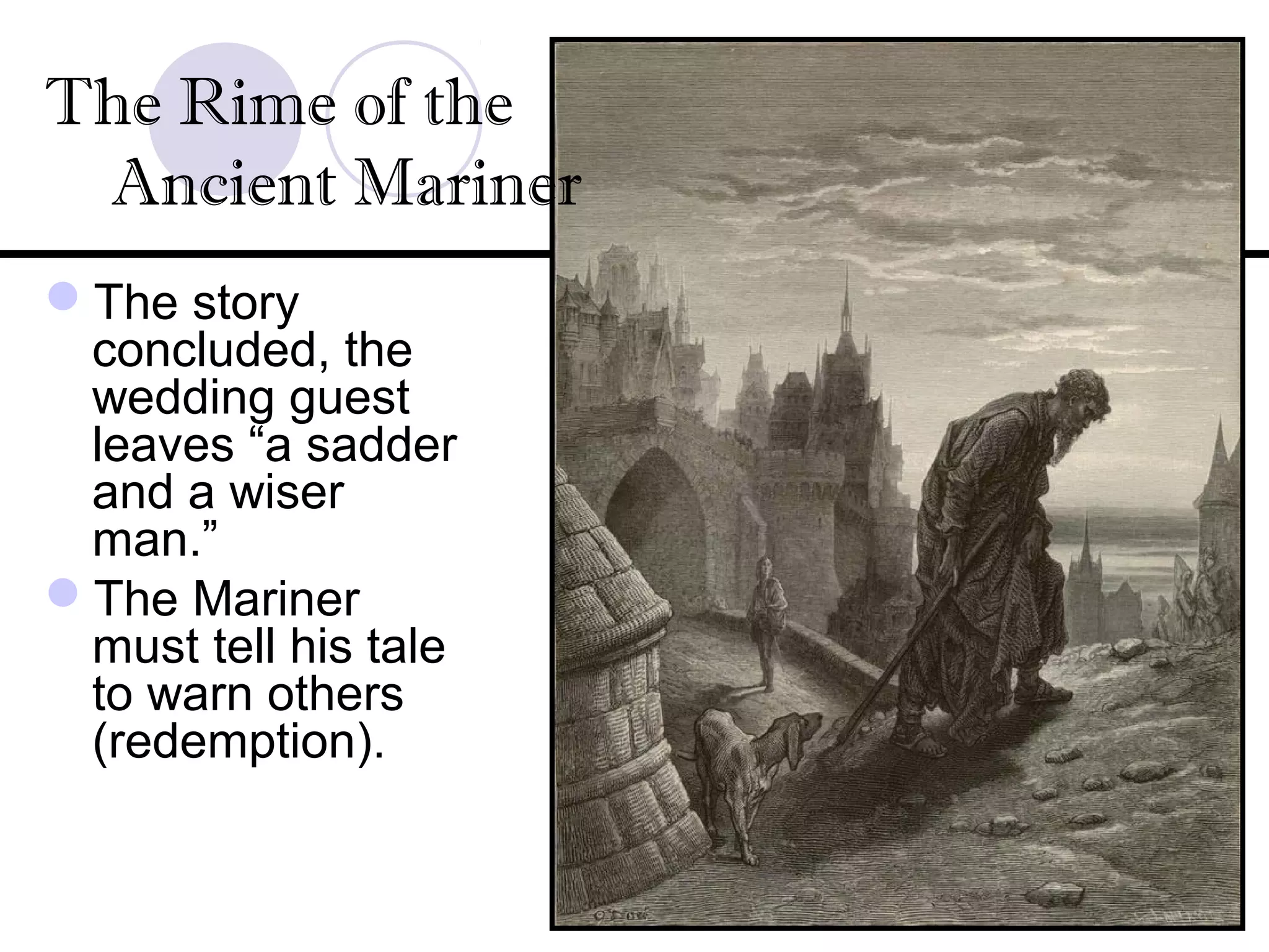 The story
concluded, the
wedding guest
leaves “a sadder
and a wiser
man.”
The Mariner
must tell his tale
to warn others
(redemption).
The Rime of the
Ancient Mariner
 