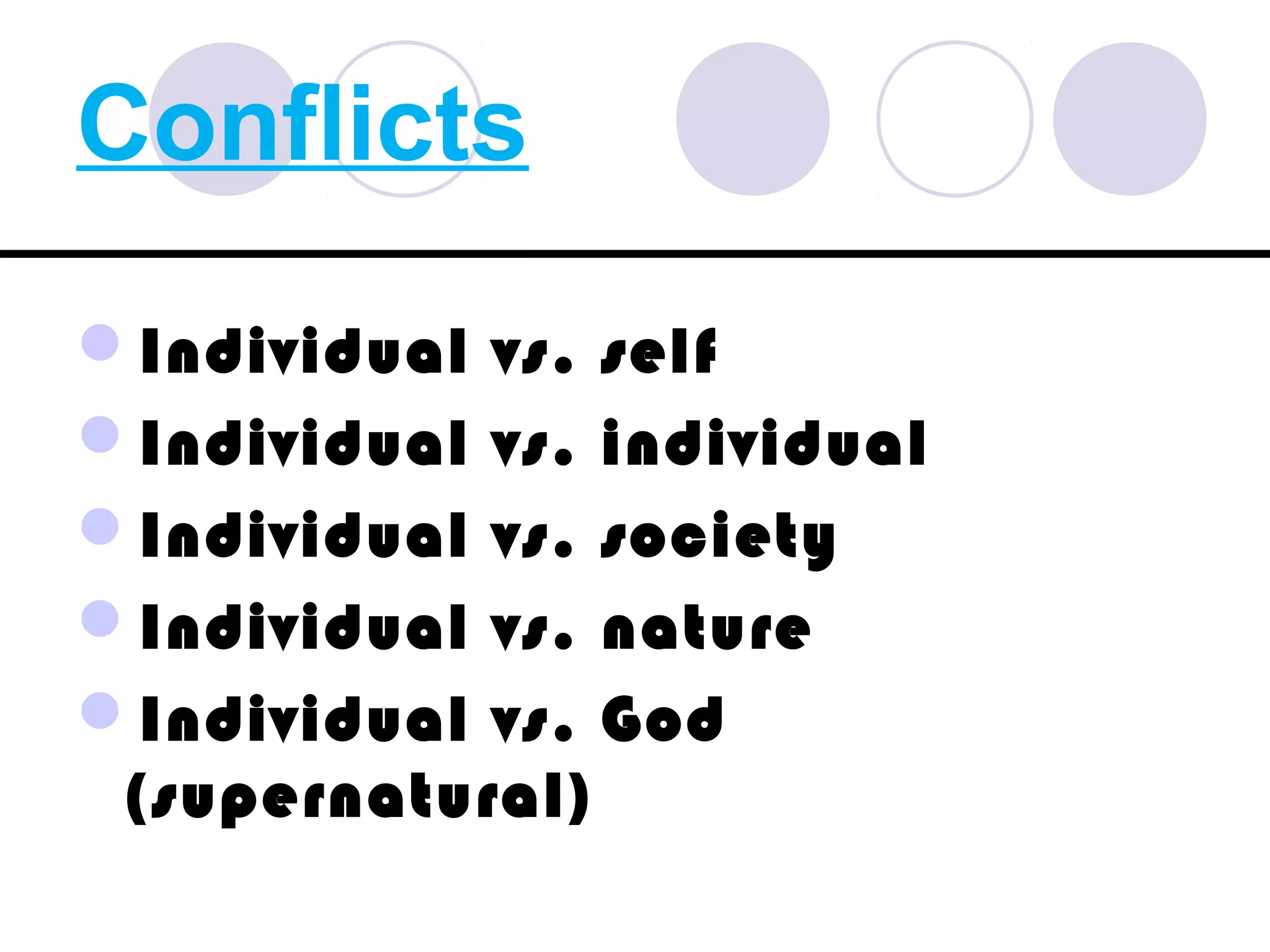 Conflicts
Individual vs. self
Individual vs. individual
Individual vs. society
Individual vs. nature
Individual vs. God
(supernatural)
 