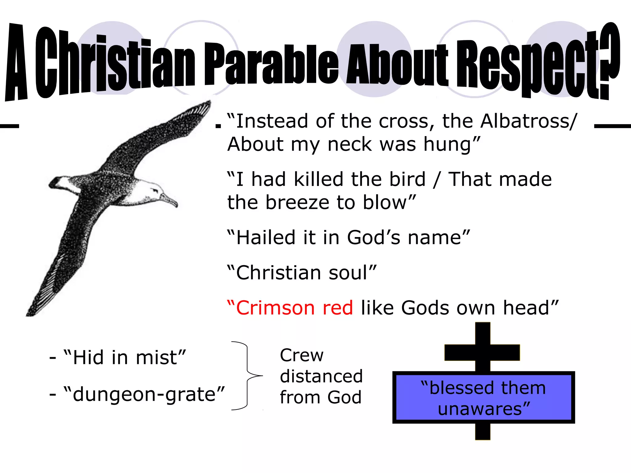 “Instead of the cross, the Albatross/
About my neck was hung”
“I had killed the bird / That made
the breeze to blow”
“Hailed it in God’s name”
“Christian soul”
“Crimson red like Gods own head”
- “Hid in mist”
- “dungeon-grate” “blessed them
unawares”
Crew
distanced
from God
 