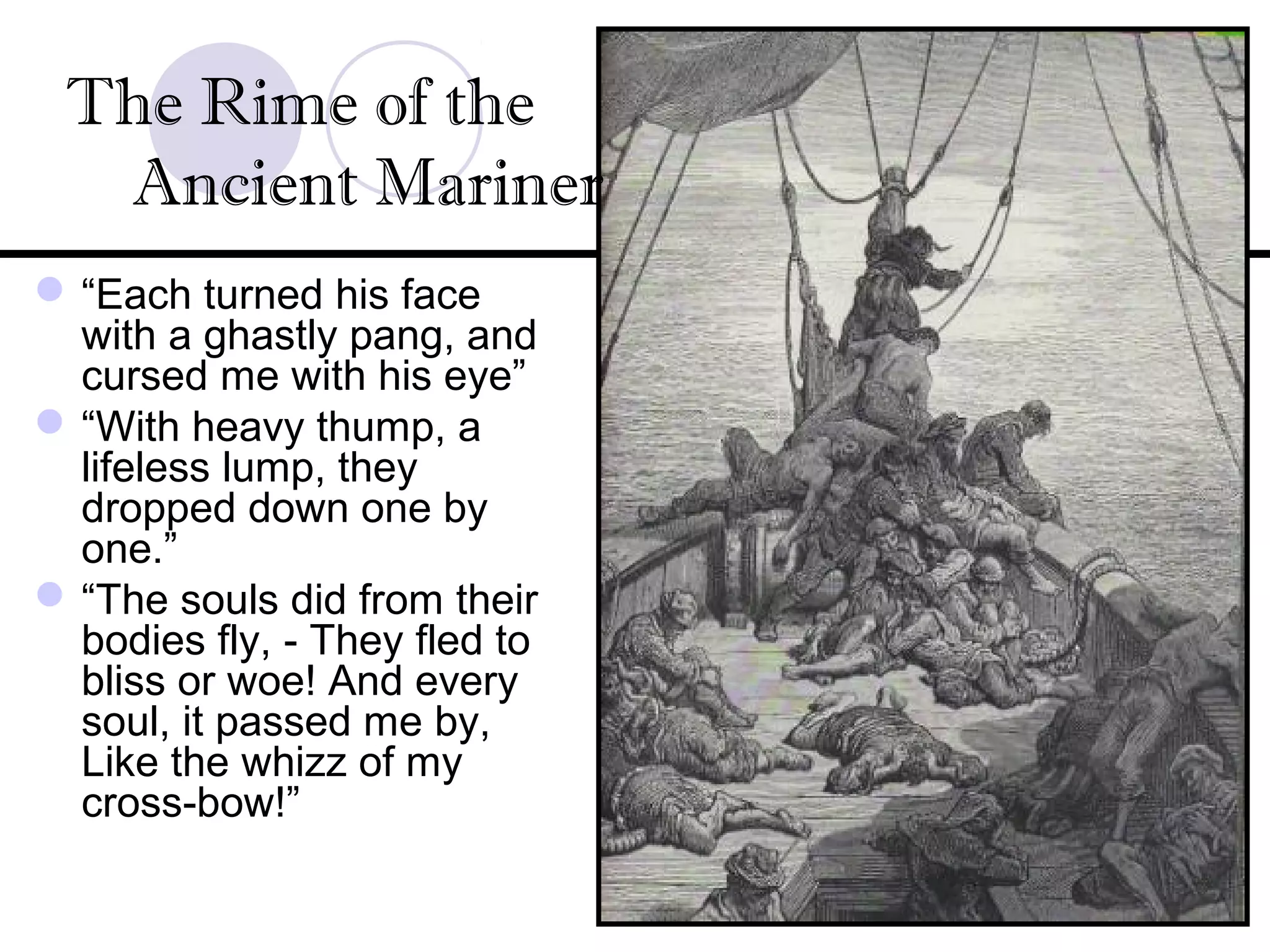 “Each turned his face
with a ghastly pang, and
cursed me with his eye”
“With heavy thump, a
lifeless lump, they
dropped down one by
one.”
“The souls did from their
bodies fly, - They fled to
bliss or woe! And every
soul, it passed me by,
Like the whizz of my
cross-bow!”
The Rime of the
Ancient Mariner
 