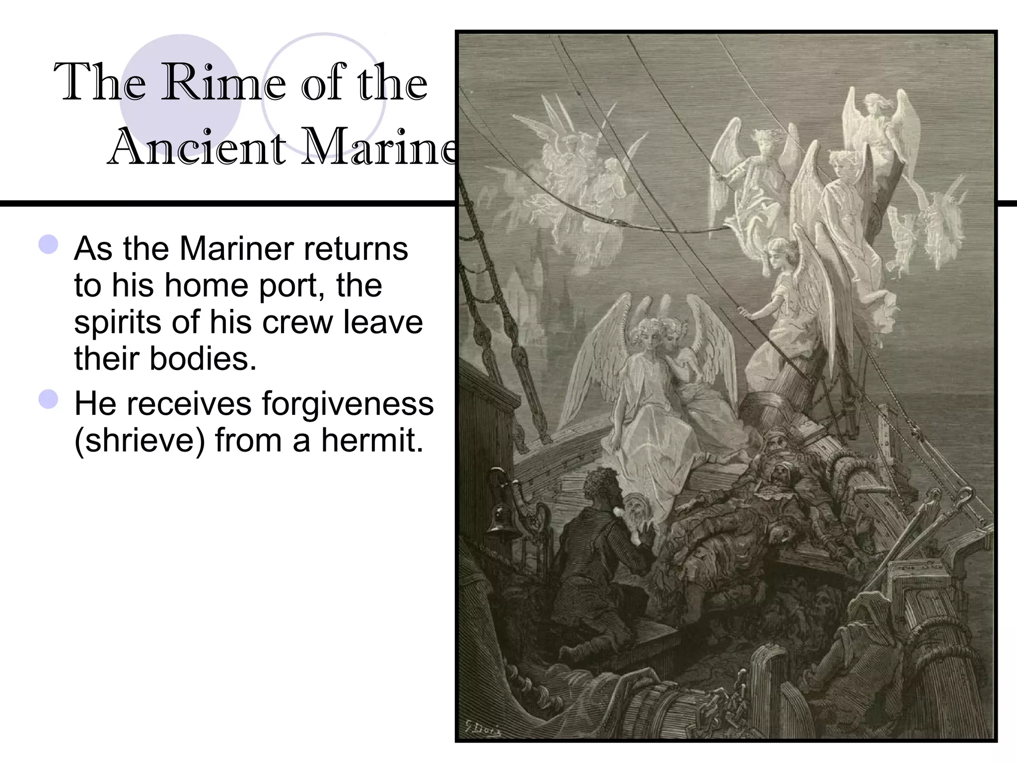 As the Mariner returns
to his home port, the
spirits of his crew leave
their bodies.
He receives forgiveness
(shrieve) from a hermit.
The Rime of the
Ancient Mariner
 