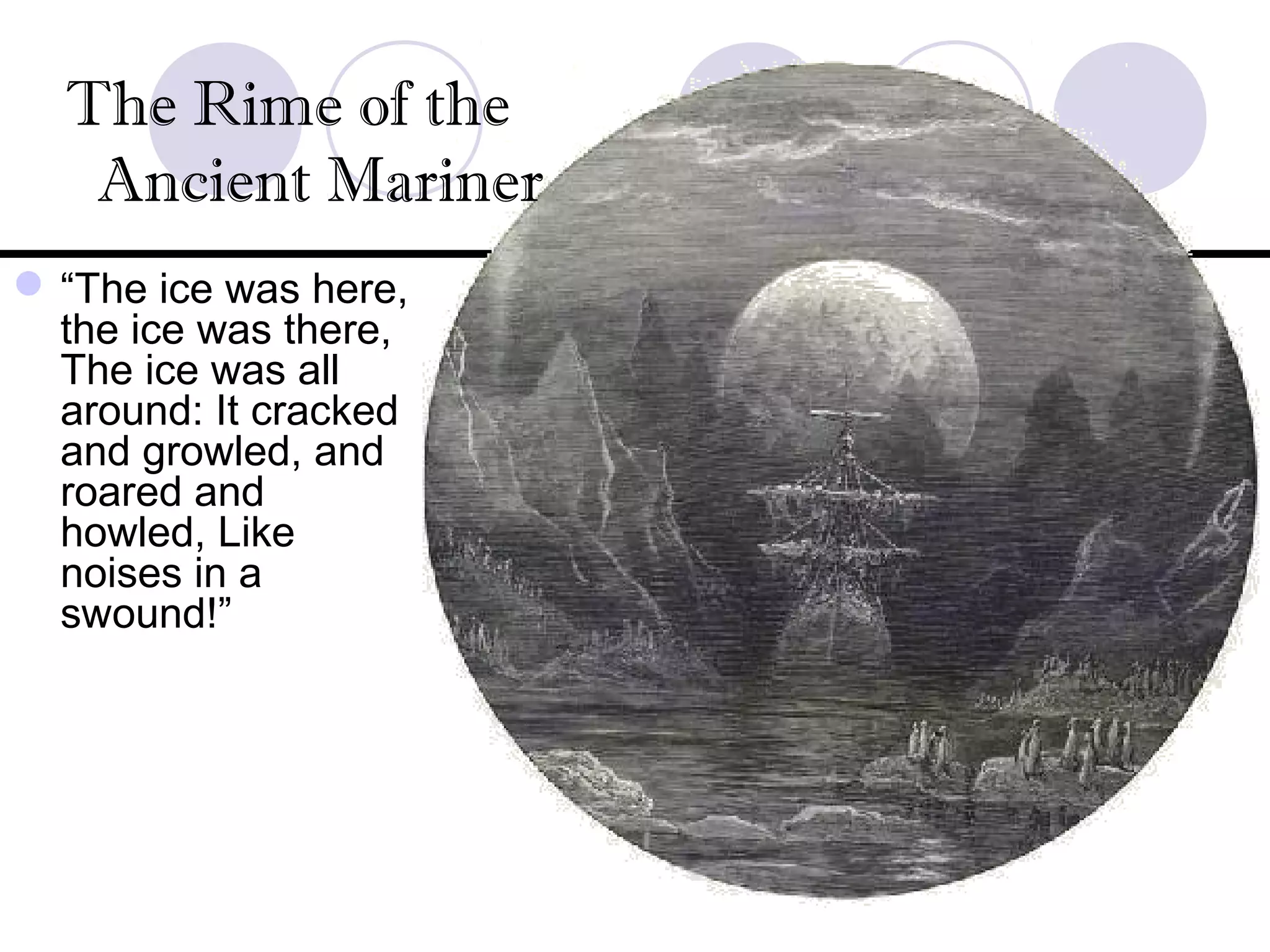 “The ice was here,
the ice was there,
The ice was all
around: It cracked
and growled, and
roared and
howled, Like
noises in a
swound!”
The Rime of the
Ancient Mariner
 