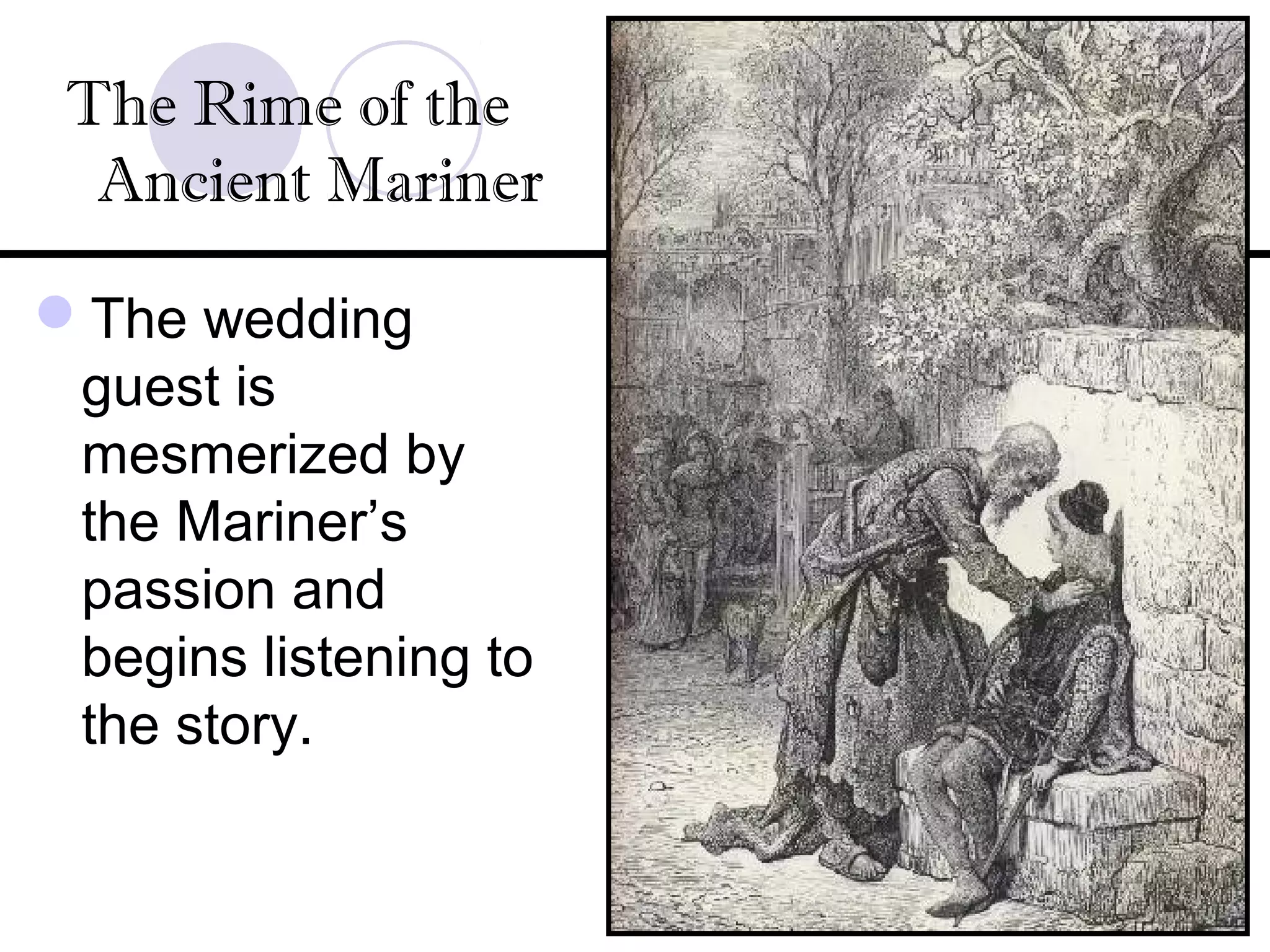 The Rime of the
Ancient Mariner
The wedding
guest is
mesmerized by
the Mariner’s
passion and
begins listening to
the story.
 