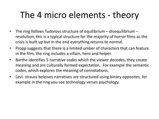 The 4 micro elements - theory
• The ring follows Tudorovs structure of equilibrium – disequilibrium –
  resolution, this is a typical structure for the majority of horror films as the
  crisis is built up but in the end everything returns to normal.
• Propp suggests that there is a limited umber of characters that can feature
  in the film, the ring includes a villain, hero and helper.
• Barthe identifies 5 narrative codes which the viewer decodes, they create
  meaning and are culturally formed expectation. For example the semantic
  codes, which explores the meaning of connotations.
• Levi- strauss beleives narratives are structured using binary opposites, for
  example in the ring you see technology verses psychology.
 