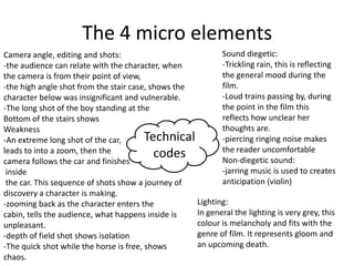 The 4 micro elements
Camera angle, editing and shots:                           Sound diegetic:
-the audience can relate with the character, when          -Trickling rain, this is reflecting
the camera is from their point of view,                    the general mood during the
-the high angle shot from the stair case, shows the        film.
character below was insignificant and vulnerable.          -Loud trains passing by, during
-The long shot of the boy standing at the                  the point in the film this
Bottom of the stairs shows                                 reflects how unclear her
Weakness                                                   thoughts are.
-An extreme long shot of the car,        Technical         -piercing ringing noise makes
leads to into a zoom, then the                             the reader uncomfortable
camera follows the car and finishes
                                           codes           Non-diegetic sound:
 inside                                                    -jarring music is used to creates
 the car. This sequence of shots show a journey of         anticipation (violin)
discovery a character is making.
-zooming back as the character enters the           Lighting:
cabin, tells the audience, what happens inside is   In general the lighting is very grey, this
unpleasant.                                         colour is melancholy and fits with the
-depth of field shot shows isolation                genre of film. It represents gloom and
-The quick shot while the horse is free, shows      an upcoming death.
chaos.
 