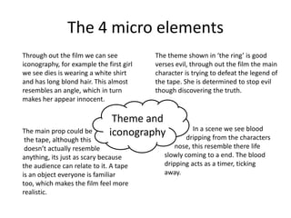 The 4 micro elements
Through out the film we can see           The theme shown in ‘the ring’ is good
iconography, for example the first girl   verses evil, through out the film the main
we see dies is wearing a white shirt      character is trying to defeat the legend of
and has long blond hair. This almost      the tape. She is determined to stop evil
resembles an angle, which in turn         though discovering the truth.
makes her appear innocent.

                               Theme and
                                                       In a scene we see blood
The main prop could be        iconography            dripping from the characters
 the tape, although this
 doesn’t actually resemble                       nose, this resemble there life
anything, its just as scary because          slowly coming to a end. The blood
the audience can relate to it. A tape        dripping acts as a timer, ticking
is an object everyone is familiar            away.
too, which makes the film feel more
realistic.
 