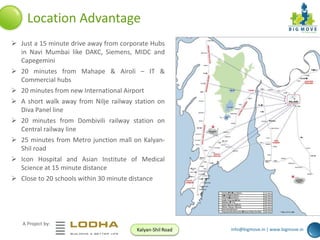 Location Advantage
 Just a 15 minute drive away from corporate Hubs
in Navi Mumbai like DAKC, Siemens, MIDC and
Capegemini
 20 minutes from Mahape & Airoli – IT &
Commercial hubs
 20 minutes from new International Airport
 A short walk away from Nilje railway station on
Diva Panel line
 20 minutes from Dombivili railway station on
Central railway line
 25 minutes from Metro junction mall on KalyanShil road
 Icon Hospital and Asian Institute of Medical
Science at 15 minute distance
 Close to 20 schools within 30 minute distance

A Project by:
Kalyan-Shil Road

info@bigmove.in | www.bigmove.in

 