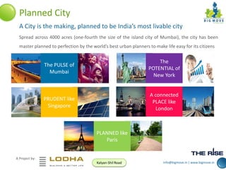 Planned City
A City is the making, planned to be India’s most livable city
Spread across 4000 acres (one-fourth the size of the island city of Mumbai), the city has been
master planned to perfection by the world’s best urban planners to make life easy for its citizens

The PULSE of
Mumbai

The
POTENTIAL of
New York

PRUDENT like
Singapore

A connected
PLACE like
London

PLANNED like
Paris
A Project by:
Kalyan-Shil Road

info@bigmove.in | www.bigmove.in

 