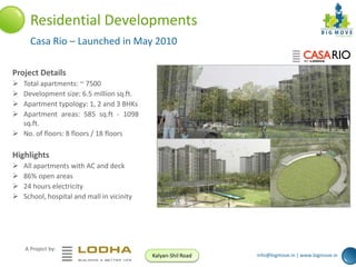 Residential Developments
Casa Rio – Launched in May 2010
Project Details





Total apartments: ~ 7500
Development size: 6.5 million sq.ft.
Apartment typology: 1, 2 and 3 BHKs
Apartment areas: 585 sq.ft - 1098
sq.ft.
 No. of floors: 8 floors / 18 floors

Highlights





All apartments with AC and deck
86% open areas
24 hours electricity
School, hospital and mall in vicinity

A Project by:
Kalyan-Shil Road

info@bigmove.in | www.bigmove.in

 