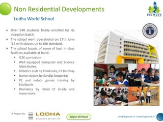 Non Residential Developments
Lodha World School
 Over 540 students finally enrolled for its
inception batch.
 The school went operational on 17th June
’13 with classes up to 6th standard.
 The school boasts of some of best in class
facilities available at hand:
 ICSE curriculum
 Well equipped Computer and Science
laboratories.
 Robotics club by ThinkLabs, IIT Bombay
 Dance classes by Sandip Sopparkar
 PE and indoor games training by
EduSports
 Dramatics by Helen O’ Grady and
many more.

A Project by:
Kalyan-Shil Road

info@bigmove.in | www.bigmove.in

 