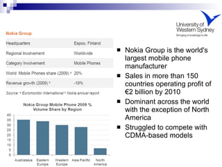 <ul><li>Nokia Group is the world's largest mobile phone manufacturer  </li></ul><ul><li>Sales in more than 150 countries o...