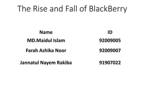 The Rise and Fall of BlackBerry
Name ID
MD.Maidul Islam 92009005
Farah Ashika Noor 92009007
Jannatul Nayem Rakiba 91907022
 