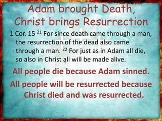 Adam brought Death,
Christ brings Resurrection
1 Cor. 15 21 For since death came through a man,
the resurrection of the dead also came
through a man. 22 For just as in Adam all die,
so also in Christ all will be made alive.
All people die because Adam sinned.
All people will be resurrected because
Christ died and was resurrected.
 