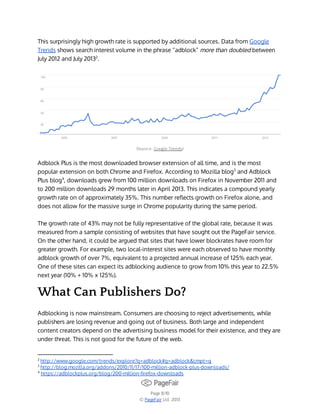This surprisingly high growth rate is supported by additional sources. Data from Google
Trends shows search interest volume in the phrase “adblock” more than doubled between
July 2012 and July 20132.

(Source: Google Trends)

Adblock Plus is the most downloaded browser extension of all time, and is the most
popular extension on both Chrome and Firefox. According to Mozilla blog3 and Adblock
Plus blog4, downloads grew from 100 million downloads on Firefox in November 2011 and
to 200 million downloads 29 months later in April 2013. This indicates a compound yearly
growth rate on of approximately 35%. This number reflects growth on Firefox alone, and
does not allow for the massive surge in Chrome popularity during the same period.
The growth rate of 43% may not be fully representative of the global rate, because it was
measured from a sample consisting of websites that have sought out the PageFair service.
On the other hand, it could be argued that sites that have lower blockrates have room for
greater growth. For example, two local-interest sites were each observed to have monthly
adblock growth of over 7%, equivalent to a projected annual increase of 125% each year.
One of these sites can expect its adblocking audience to grow from 10% this year to 22.5%
next year (10% + 10% x 125%).

What Can Publishers Do?
Adblocking is now mainstream. Consumers are choosing to reject advertisements, while
publishers are losing revenue and going out of business. Both large and independent
content creators depend on the advertising business model for their existence, and they are
under threat. This is not good for the future of the web.

http://www.google.com/trends/explore?q=adblock#q=adblock&cmpt=q
http://blog.mozilla.org/addons/2010/11/17/100-million-adblock-plus-downloads/
4
https://adblockplus.org/blog/200-million-firefox-downloads
2
3

Page 8/10
© PageFair Ltd. 2013

 