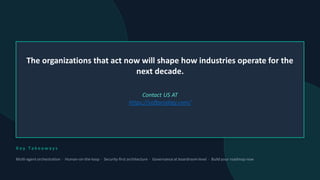 The organizations that act now will shape how industries operate for the
next decade.
Contact US AT
https://softprodigy.com/
K e y T a k e a w a y s
Multi-agent orchestration · Human-on-the-loop · Security-first architecture · Governanceat boardroomlevel · Build your roadmap now
 