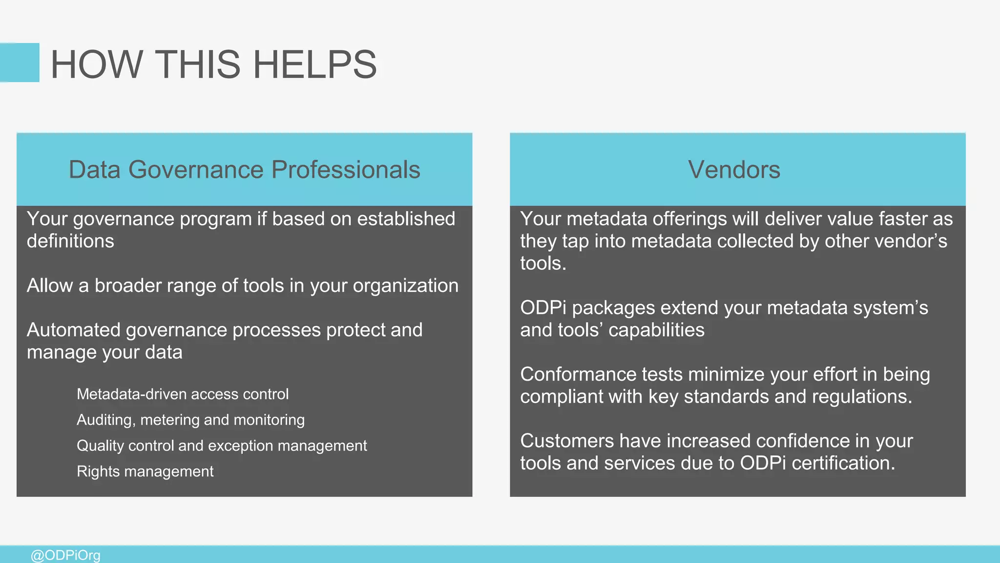 @ODPiOrg
Your governance program if based on established
definitions
Allow a broader range of tools in your organization
Automated governance processes protect and
manage your data
Metadata-driven access control
Auditing, metering and monitoring
Quality control and exception management
Rights management
Your metadata offerings will deliver value faster as
they tap into metadata collected by other vendor’s
tools.
ODPi packages extend your metadata system’s
and tools’ capabilities
Conformance tests minimize your effort in being
compliant with key standards and regulations.
Customers have increased confidence in your
tools and services due to ODPi certification.
Data Governance Professionals Vendors
HOW THIS HELPS
 