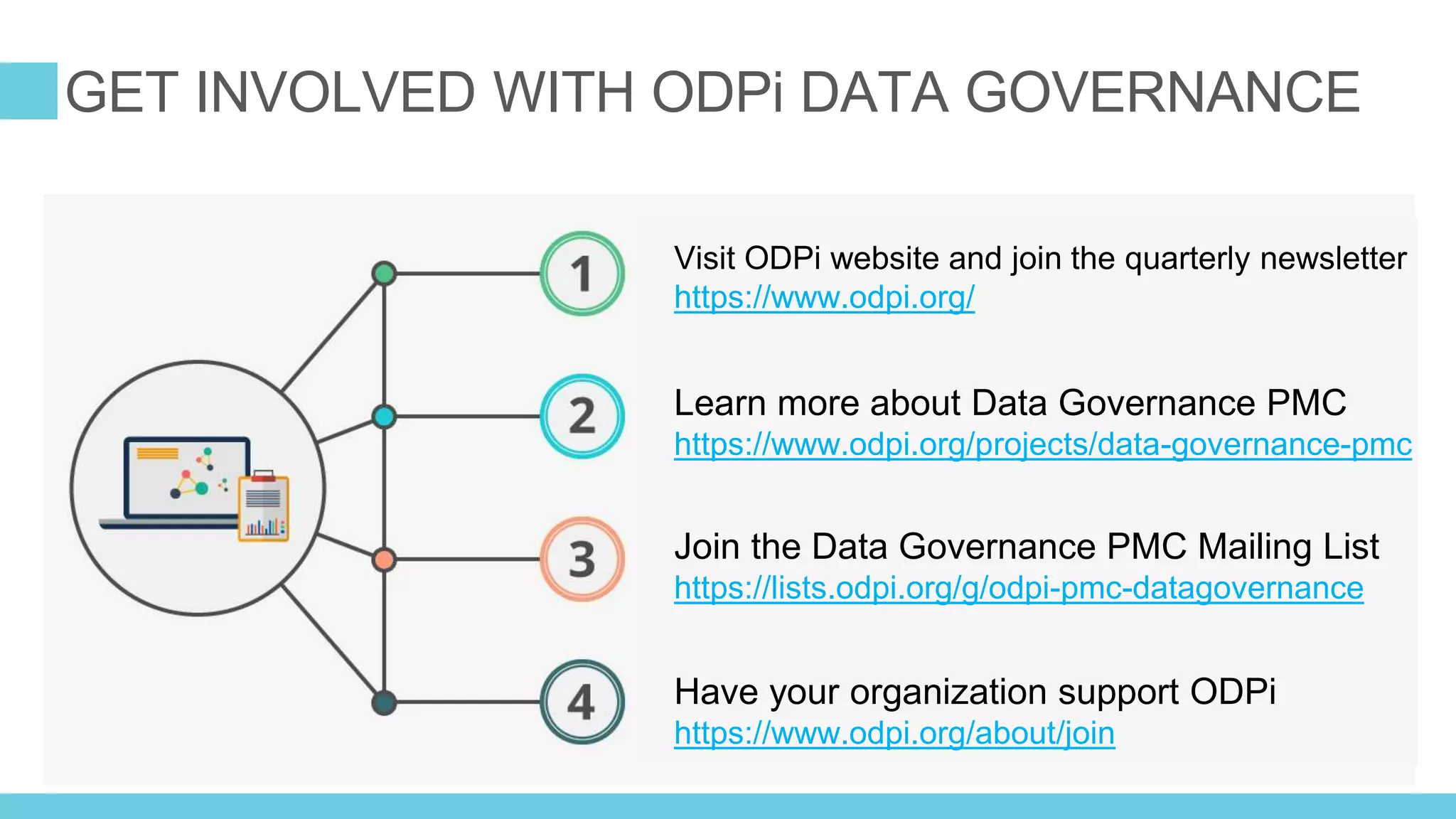 GET INVOLVED WITH ODPi DATA GOVERNANCE
Have your organization support ODPi
https://www.odpi.org/about/join
Visit ODPi website and join the quarterly newsletter
https://www.odpi.org/
Learn more about Data Governance PMC
https://www.odpi.org/projects/data-governance-pmc
Join the Data Governance PMC Mailing List
https://lists.odpi.org/g/odpi-pmc-datagovernance
 