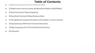 Table of Contents
● 1) Blockchain Usecase In Financial Services 2021
● 2) Global smart contracts market, By Blockchain Pla...