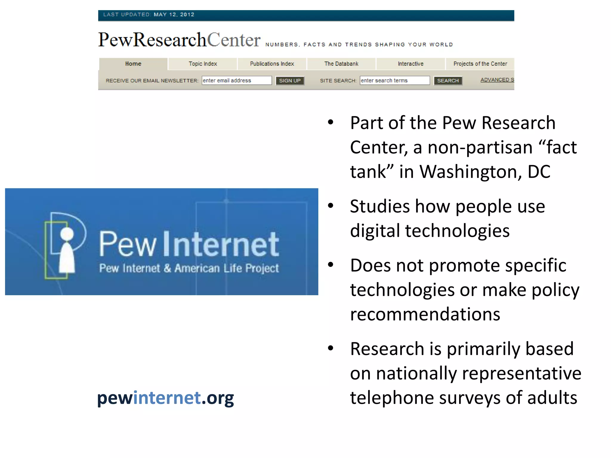 About our libraries research

• Goal: To study the changing role of public
  libraries and library users in the digital age

• Funded by a three-year grant from the Bill &
  Melinda Gates Foundation


       libraries.pewinternet.org
 