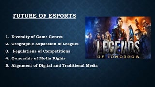 FUTURE OF ESPORTS
1. Diversity of Game Genres
2. Geographic Expansion of Leagues
3. Regulations of Competitions
4. Ownership of Media Rights
5. Alignment of Digital and Traditional Media
 