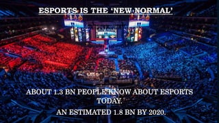 ESPORTS IS THE ‘NEW NORMAL’
ABOUT 1.3 BN PEOPLE KNOW ABOUT ESPORTS
TODAY.
AN ESTIMATED 1.8 BN BY 2020.
 