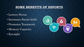 SOME BENEFITS OF ESPORTS
• Lowers Stress
• Increases Social skills
• Promotes Teamwork
• Memory Capacity
• Eyesight
 