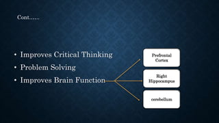 • Improves Critical Thinking
• Problem Solving
• Improves Brain Function
Cont.…..
Prefrontal
Cortex
Right
Hippocampus
cerebellum
 