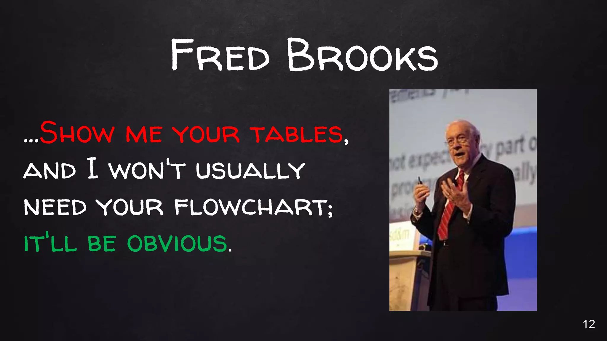 …Show me your tables,
and I won't usually
need your flowchart;
it'll be obvious.
Fred Brooks
12
 