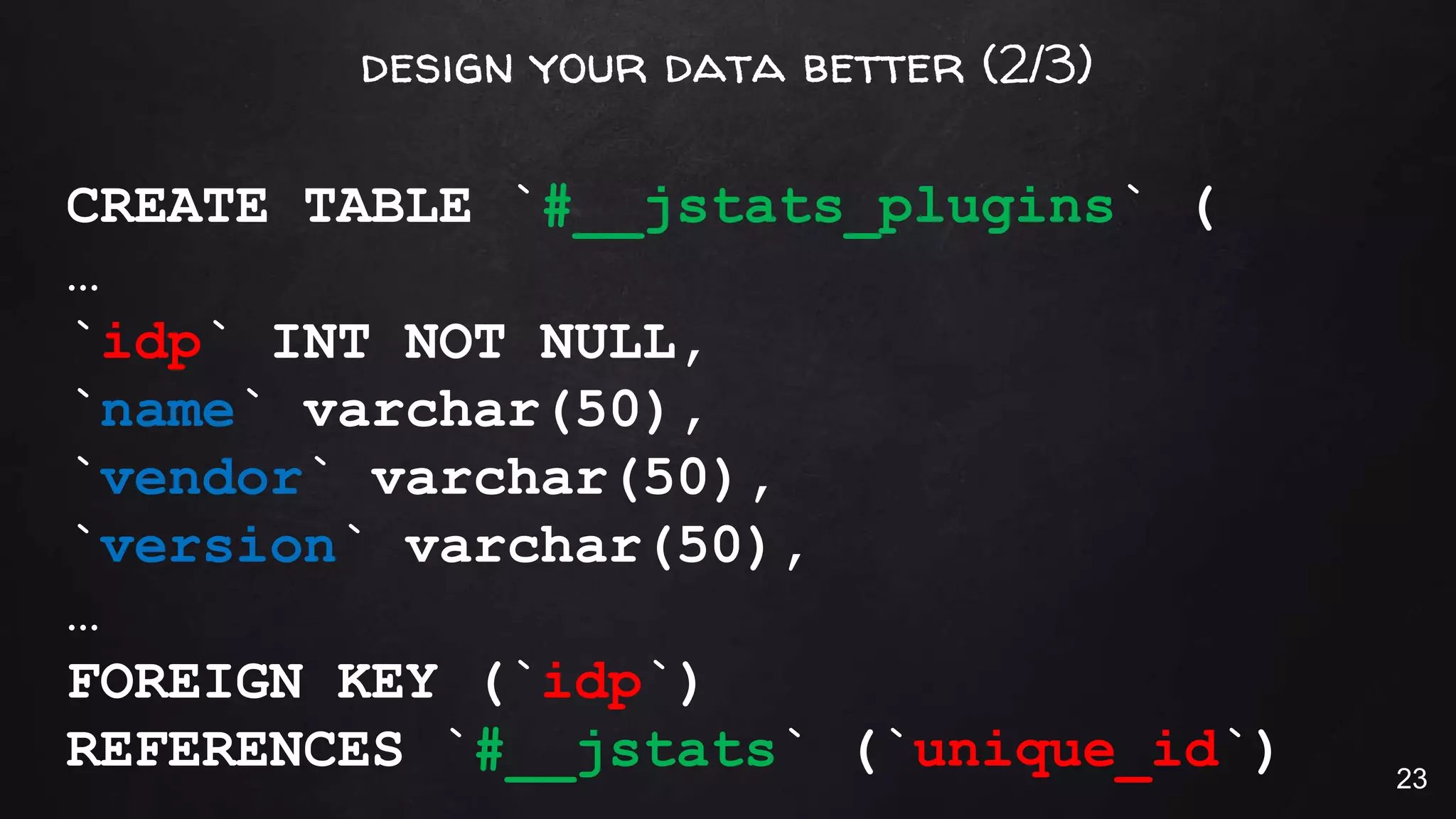 design your data better (2/3)
CREATE TABLE `#__jstats_plugins` (
…
`idp` INT NOT NULL,
`name` varchar(50),
`vendor` varchar(50),
`version` varchar(50),
…
FOREIGN KEY (`idp`)
REFERENCES `#__jstats` (`unique_id`) 23
 