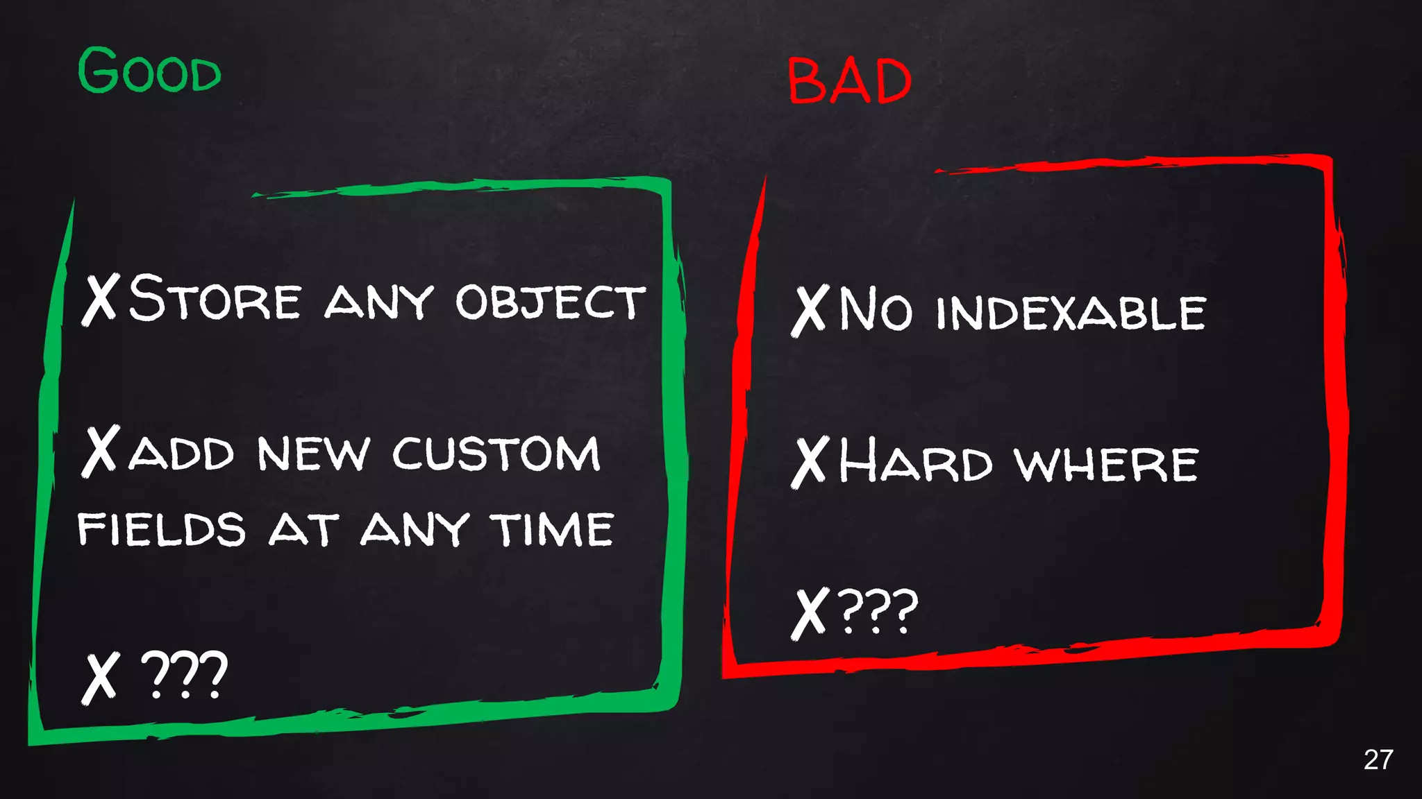Good
✘Store any object
✘add new custom
fields at any time
✘ ???
BAD
✘No indexable
✘Hard where
✘???
27
 