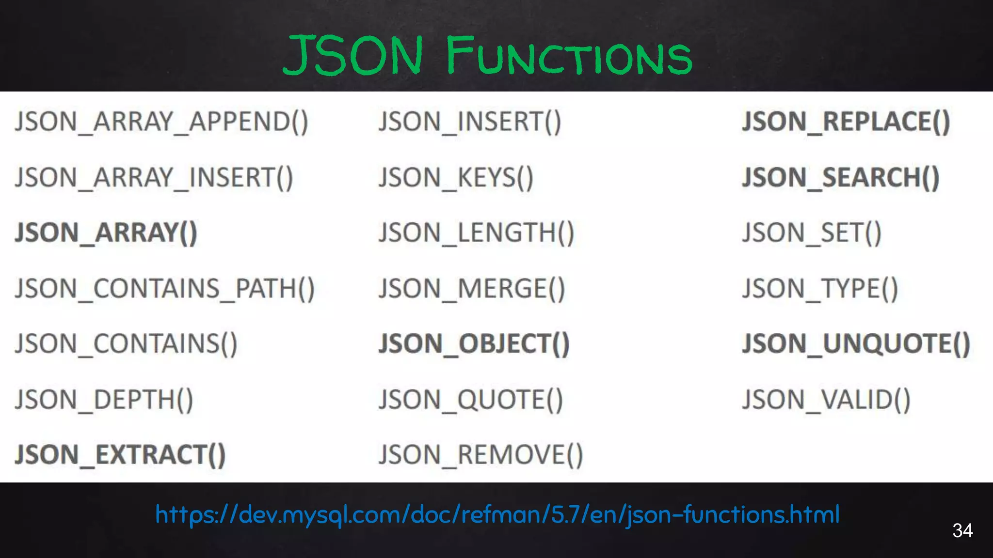 https://dev.mysql.com/doc/refman/5.7/en/json-functions.html
JSON Functions
34
 