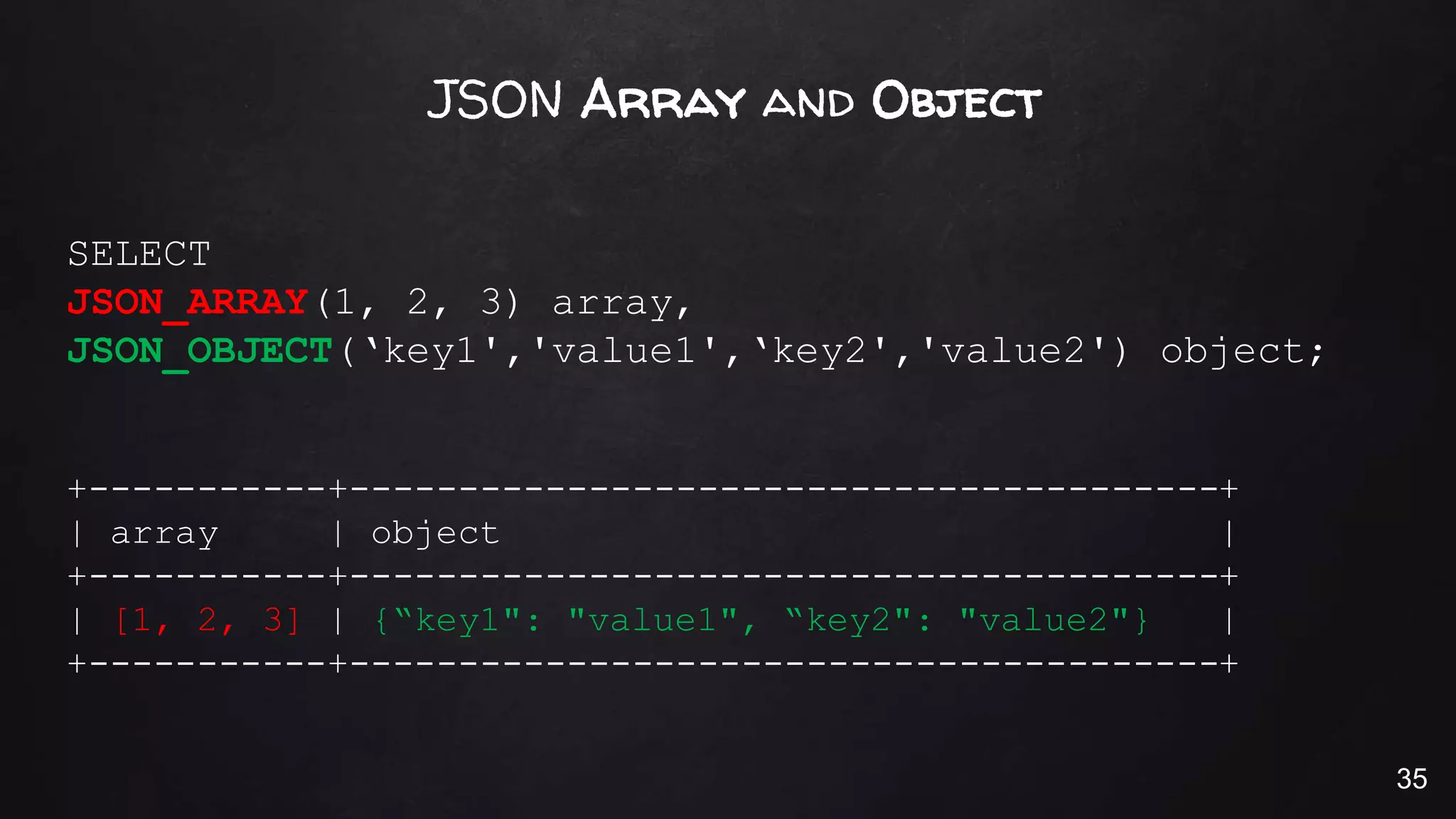 JSON Array and Object
SELECT
JSON_ARRAY(1, 2, 3) array,
JSON_OBJECT(‘key1','value1',‘key2','value2') object;
+-----------+----------------------------------------+
| array | object |
+-----------+----------------------------------------+
| [1, 2, 3] | {“key1": "value1", “key2": "value2"} |
+-----------+----------------------------------------+
35
 