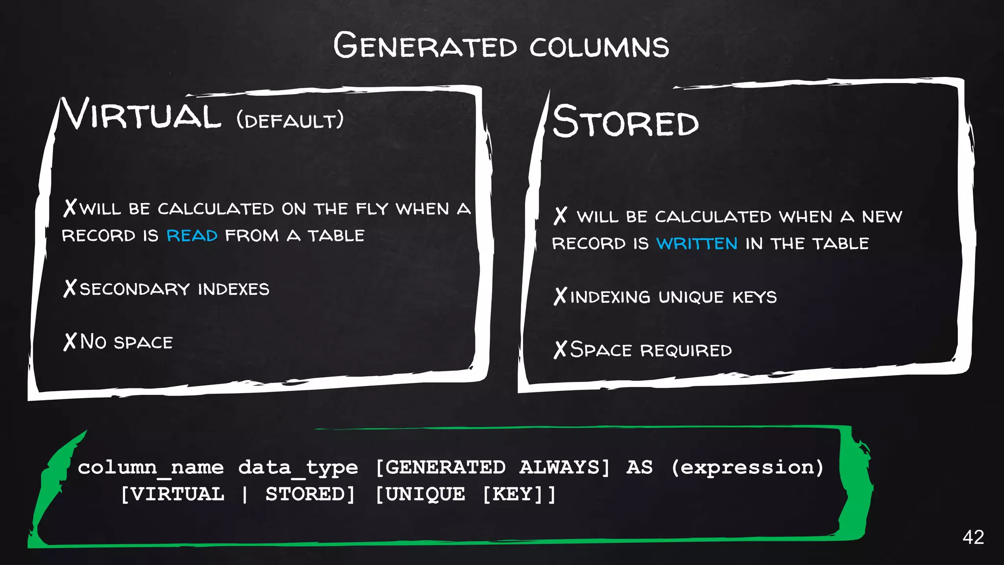 Generated columns
Virtual (default)
✘will be calculated on the fly when a
record is read from a table
✘secondary indexes
✘No space
Stored
✘ will be calculated when a new
record is written in the table
✘indexing unique keys
✘Space required
column_name data_type [GENERATED ALWAYS] AS (expression)
[VIRTUAL | STORED] [UNIQUE [KEY]]
42
 