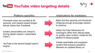 © 2015 Tubular Labs 22
YouTube video targeting details
Platform specifics Implications for marketers
Promoted views are co...