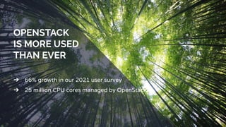 OPENSTACK
IS MORE USED
THAN EVER
➔ 66% growth in our 2021 user survey
➔ 25 million CPU cores managed by OpenStack
 