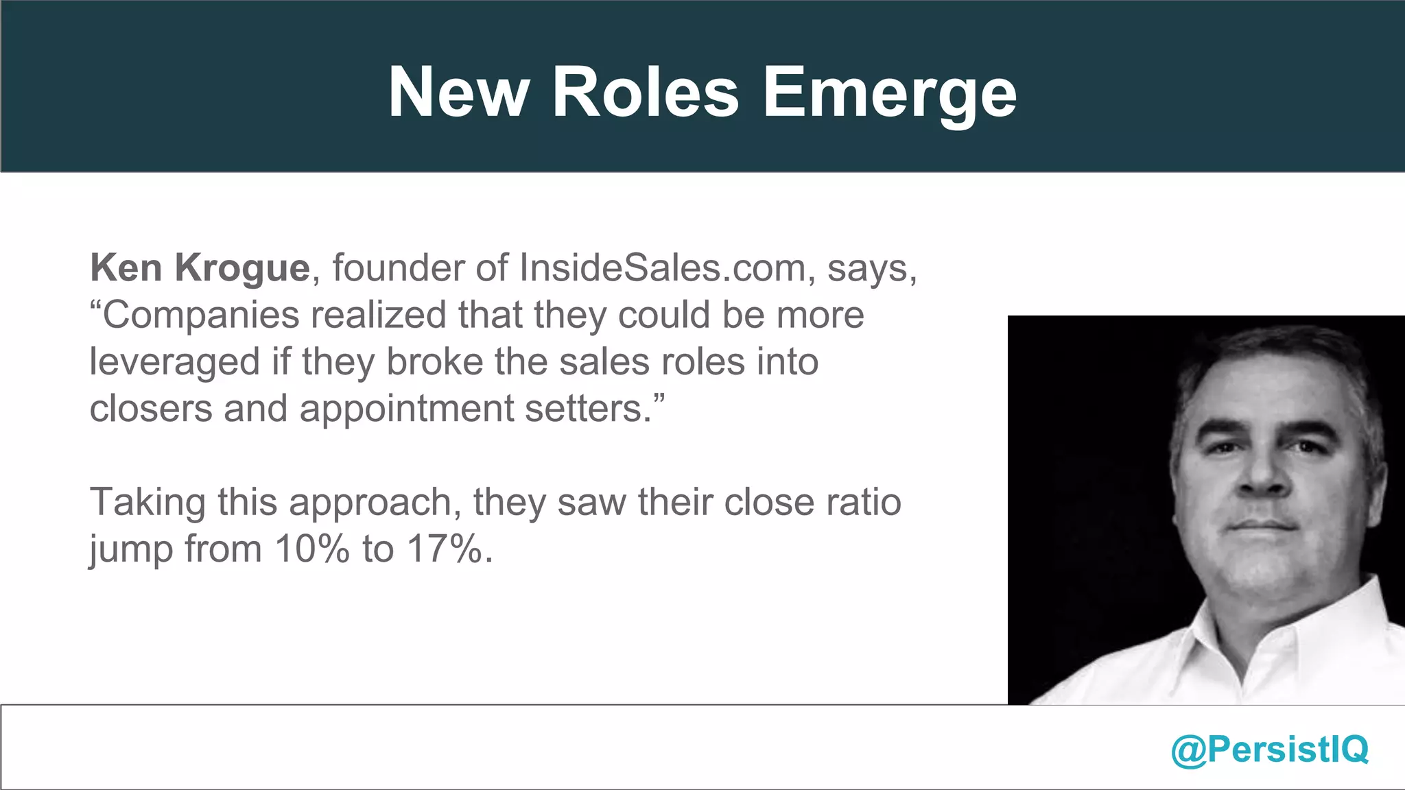 @PersistIQ
Ken Krogue, founder of InsideSales.com, says,
“Companies realized that they could be more
leveraged if they broke the sales roles into
closers and appointment setters.”
Taking this approach, they saw their close ratio
jump from 10% to 17%.
New Roles Emerge
 