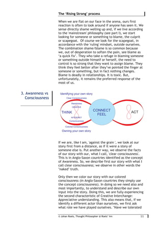 © Johan Roels, Thought Philosopher @ Roels’ Inn
	
The ‘Rising Strong’ process
11	
When we are flat on our face in the arena, ours first
reaction is often to look around if anyone has seen it. We
sense directly shame welling up and, if we live according
to the 'mainstream' philosophy (see part I), we start
looking for someone or something to blame, the culprit
or scapegoat. Of course we look for the scapegoat, in
accordance with the 'ruling' mindset, outside ourselves.
The combination shame/blame is so common because
we, out of desperation to soften the pain, see blame as
‘a quick fix’. They who take a refuge in blaming someone
or something outside himself or herself, the need to
control is so strong that they want to assign blame. They
think they feel better after they’ve pointed the finger at
someone or something, but in fact nothing changes.
Blame is deadly in relationships. It is toxic. But,
unfortunately, it remains the preferred response of the
most of us.
If we are, like I am, 'against the grain ', we look at our
story first from a distance, as if it were a story of
someone else is. Put another way, we observe the facts
of our story with our, what I call, 'clear consciousness'.
This is in Anglo-Saxon countries identified as the concept
of Awareness. So, we describe first our story with what I
call clear consciousness; we observe in other words the
"naked" truth.
Only then we color our story with our colored
consciousness (in Anglo-Saxon countries they simply use
the concept consciousness). In doing so we need also and
most importantly, to understand and describe our own
input into the story. Doing this, we are fully experiencing
the second characteristic of Creative Interchange:
Appreciative understanding. This also means that, if we
identify a different actor than ourselves, we first ask
what role we have played ourselves. "Have we tolerated
3. Awareness vs
Consciousness
 