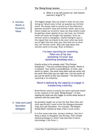 © Johan Roels, Thought Philosopher @ Roels’ Inn
	
The ‘Rising Strong’ process
14	
b. What is in my left column (cf. Left Column
exercise f Argyrisviii
)?
The biggest danger that can sneak in when we are truly
facing our failure-story is that we question our intrinsic
worth. We always need to remind us of the difference
between eccentric value and intrinsic worth. Due to our
failure maybe our eccentric value can drop (others could
be getting a lower opinion of us), but truly, our intrinsic
worth can never be brought into question, since our
intrinsic worth is changeless. Charlie Palmgren says in
this regard that we should re-dis-cover what was never
out of sight from the inner eye; find what we’ve never
lost: our intrinsic worth. Billy Joel sings about that
intrinsic worth in his song ' River of Dreams ':
I’ve been searching for something
Taken out of my soul
Something I’d never lose
Something somebody stole …
Charlie writes in his already cited ‘The Chicken
Conspiracy’: “You are a human being of worth. Worth is
a constant. Your worth is unconditional. In truth, your
worth is a given. You never have been and you never will
be worth more than you are right now. You are worth all
you can be worth at this very moment.” His definition is
surprising in its simplicity:
Worth is defined by the capacity to engage in
transforming creativity.
Brené Brown comes to exactly the same conclusion based
on her research in her book ‘Rising Strong’ix
. In fact
reading her book was the trigger to writes these series of
columns with the same title.
My grandson taught me to love the Star Wars films and
more specifically I came to like the dialogues between
Yoda and Luke Skywalker. For example, The Empire
Strikes Backx
contains at least a few crucial scenes.
In a first scene Luke sees, during a workout, that his X-
Wing is about to disappear into the bog. Then unfolds
following dialogue in which Yoda describes Creative
Interchange (' the Force '):
4. Intrinsic
Worth vs
Excentric
Value
5. Yoda and Luke
Skywalker
dialogues
 
