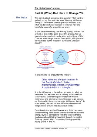 © Johan Roels, Thought Philosopher @ Roels’ Inn
	
The ‘Rising Strong’ process
19	
Part III: (What) Do I Have to Change ?!?
This part is about answering the question “Do I want to
go back on my feet and live more form my full human
‘being’?” The answer to that question will lead us to
what has to be change in order to write an new and
hopefully successful sequel to our story.
In this paper describing the ‘Rinsing Strong’ process I’ve
arrived at the middle part. Since this process has we
have already explained can be seen as the living of the
Creative Interchange process from within, this part can
be visualized by the middle of our Crucial Dialogue
Modelxvi
.
In that middle we encounter the ‘Delta’:
Delta noun and the fourth letter in
the Greek alphabet – is the
mathematical symbol for difference.
A capital delta is a triangle.
It is the difference - the delta – between (a) what we
have now that we have appreciatively understood our
failure story, the meaning and wisdom of this life
experience and b) what we need in order to go back on
our feet and to live more form our full human ‘being’. In
other words, the delta is the difference between our
insight in our present reality and our needs.
Even though the words difference and delta can mean
the same thing, I like to use the word delta because the
triangle symbol connect me with the triptych that is
fundamental and that is visualized through my model:
Thinking (parts I &II) – Connecting/Feeling (part III) –
Acting (parts IV and V).
1. The ‘Delta’
 