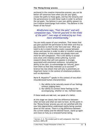 © Johan Roels, Thought Philosopher @ Roels’ Inn
	
The ‘Rising Strong’ process
22	
anchored in the creative interaction process: you can be
better off tomorrow have when you set your goals,
create the paths to those goals, and has the tenacity and
the perseverance to walk these roads in order to achieve
the set goals. You believe in your own ability (power) to
live Creative Interchange from within: "You Believe in the
Power of the Force!"
Mindfulness says, “Feel the pain” and self-
compassion says, “Cherish yourself in the midst
of the pain”; two ways of embracing our lives
more wholeheartedly.1
You are really aware of your emotions. That means that
you give yourself the permission to feel them and thus to
pay attention to them in the 'here and now'. What you
need to do is create literally create a pause between
action and reaction in order to able to 'mindful' evaluate
those emotions. In this context one pleads more and
more for self-compassion. This is the ability to accept
ones elves with mildness while suffering. Current
research shows that self-com-passion is strongly
associated with emotional resilience, including the
ability to be calm, to acknowledge our failures, learn
from them so that they motivate us to succeedxviii
.
Science has now shown that self-pity is potentially an
important factor in the context of emotional problems
such as depression.
Marie R. Miyashiroxix
speaks in this context of two often-
misunderstood human characteristics:
1. Our ability to be naturally aware of our feelings
without judging them;
2. Our ability to connect these feelings to the
accompanying, whether or not, fulfilled needs.
If these needs are not met, we speak of a 'delta'.
At this stage we clearly feel the difference between
what we have and what we want to have. At this point in
the ‘Rising Strong’ process you are not satisfied with the
now fully appreciative understood reality being counted
down on the canvas. There is a big difference between
the current reality and the desired future, stand up again
and move on fully as a renewed human being.
																																																													
1
Germer, C. K. The mindful path to self-compassion. New York:
Guilford, 2009 p 89
 
