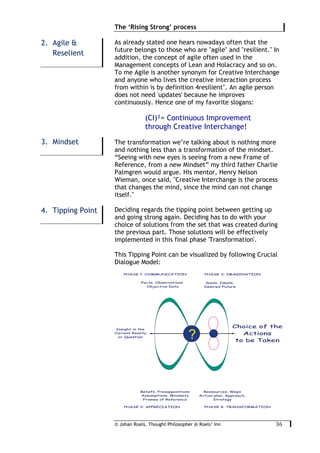 © Johan Roels, Thought Philosopher @ Roels’ Inn
	
The ‘Rising Strong’ process
36	
As already stated one hears nowadays often that the
future belongs to those who are "agile" and "resilient." In
addition, the concept of agile often used in the
Management concepts of Lean and Holacracy and so on.
To me Agile is another synonym for Creative Interchange
and anyone who lives the creative interaction process
from within is by definition 4resilient’. An agile person
does not need 'updates' because he improves
continuously. Hence one of my favorite slogans:
(CI)²= Continuous Improvement
through Creative Interchange!
The transformation we’re talking about is nothing more
and nothing less than a transformation of the mindset.
“Seeing with new eyes is seeing from a new Frame of
Reference, from a new Mindset” my third father Charlie
Palmgren would argue. His mentor, Henry Nelson
Wieman, once said, "Creative Interchange is the process
that changes the mind, since the mind can not change
itself."
Deciding regards the tipping point between getting up
and going strong again. Deciding has to do with your
choice of solutions from the set that was created during
the previous part. Those solutions will be effectively
implemented in this final phase 'Transformation'.
This Tipping Point can be visualized by following Crucial
Dialogue Model:
2. Agile &
Reselient
3. Mindset
4. Tipping Point
 